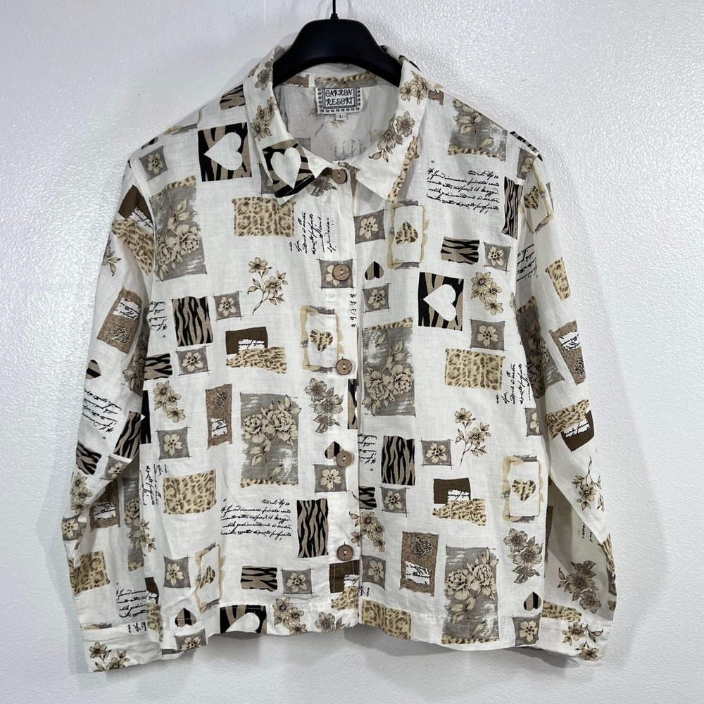 Vtg. 90s Garron Resort Cotton Linen Blouse Large Patchwork‎ Abstract Art to Wear